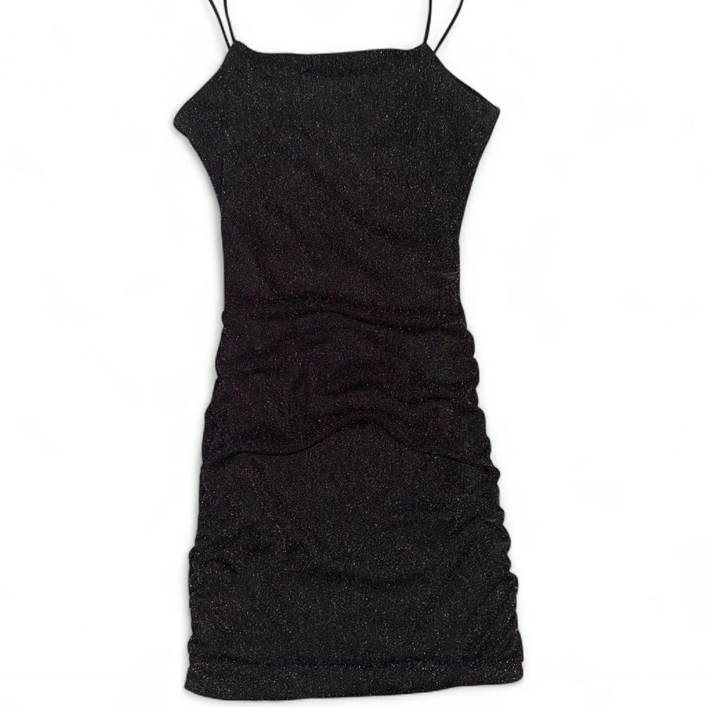 Black sparkly mini dress with open back and ruched detailing on sides - size S